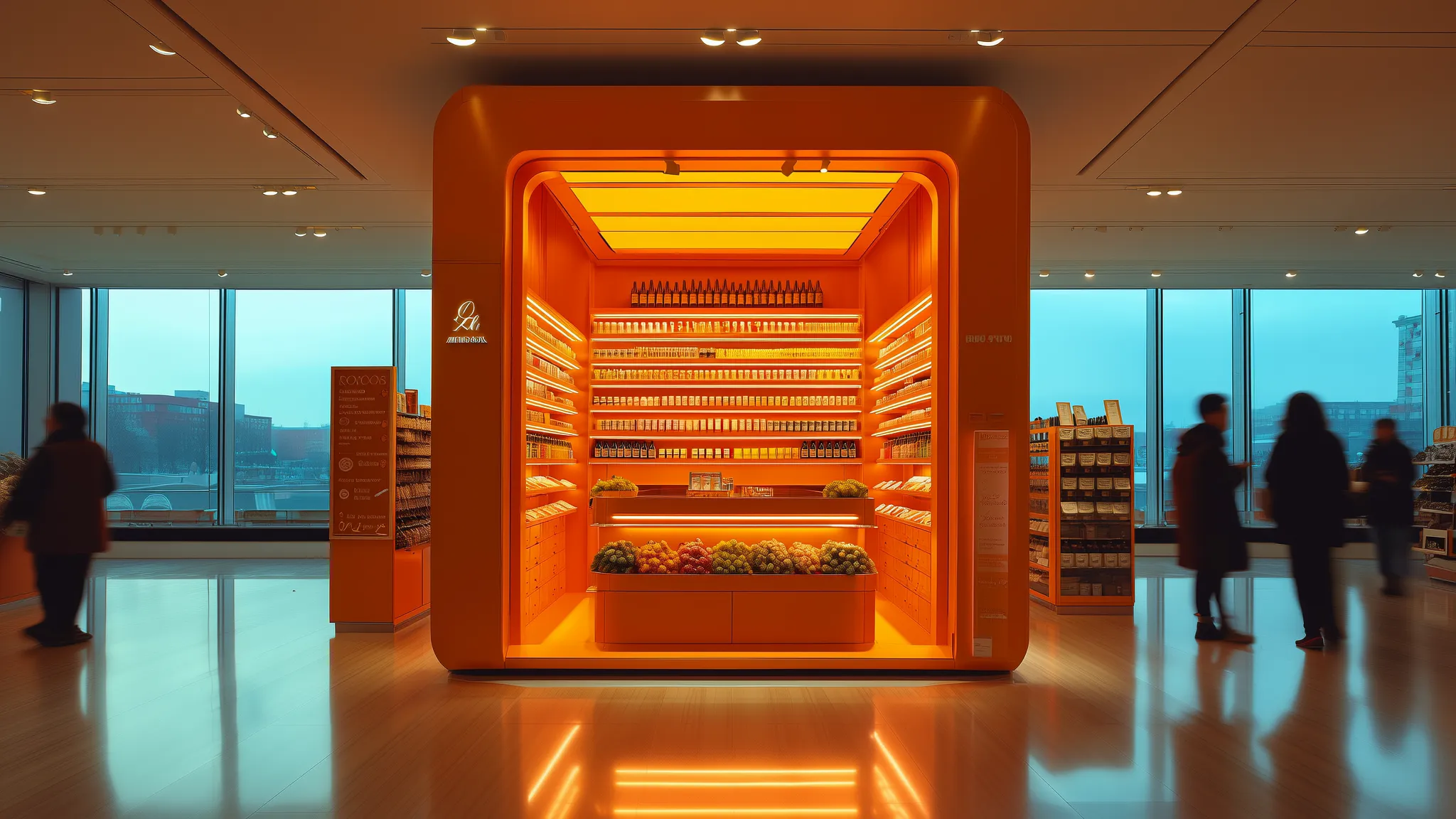 Beleuchtetes Shop-in-Shop-Display bei Ladenöffnung